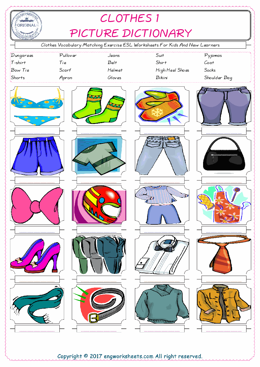  Clothes for Kids ESL Word Matching English Exercise Worksheet. 